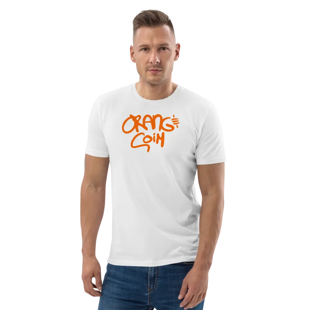 Bitcoin T-Shirt – Orange Coin by BitPopArt - worn on male model white