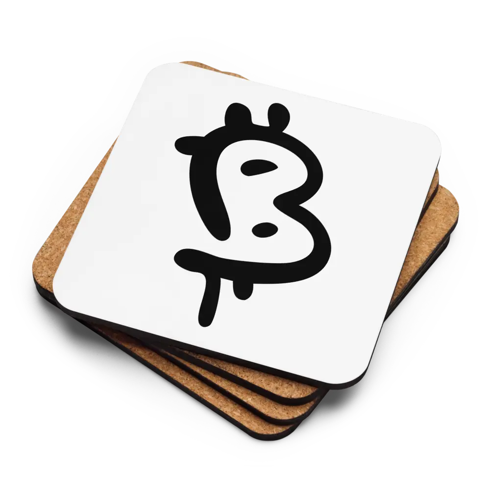 Stack of cork backs and face up Painted Style Bitcoin coaster – black by BitPopArt