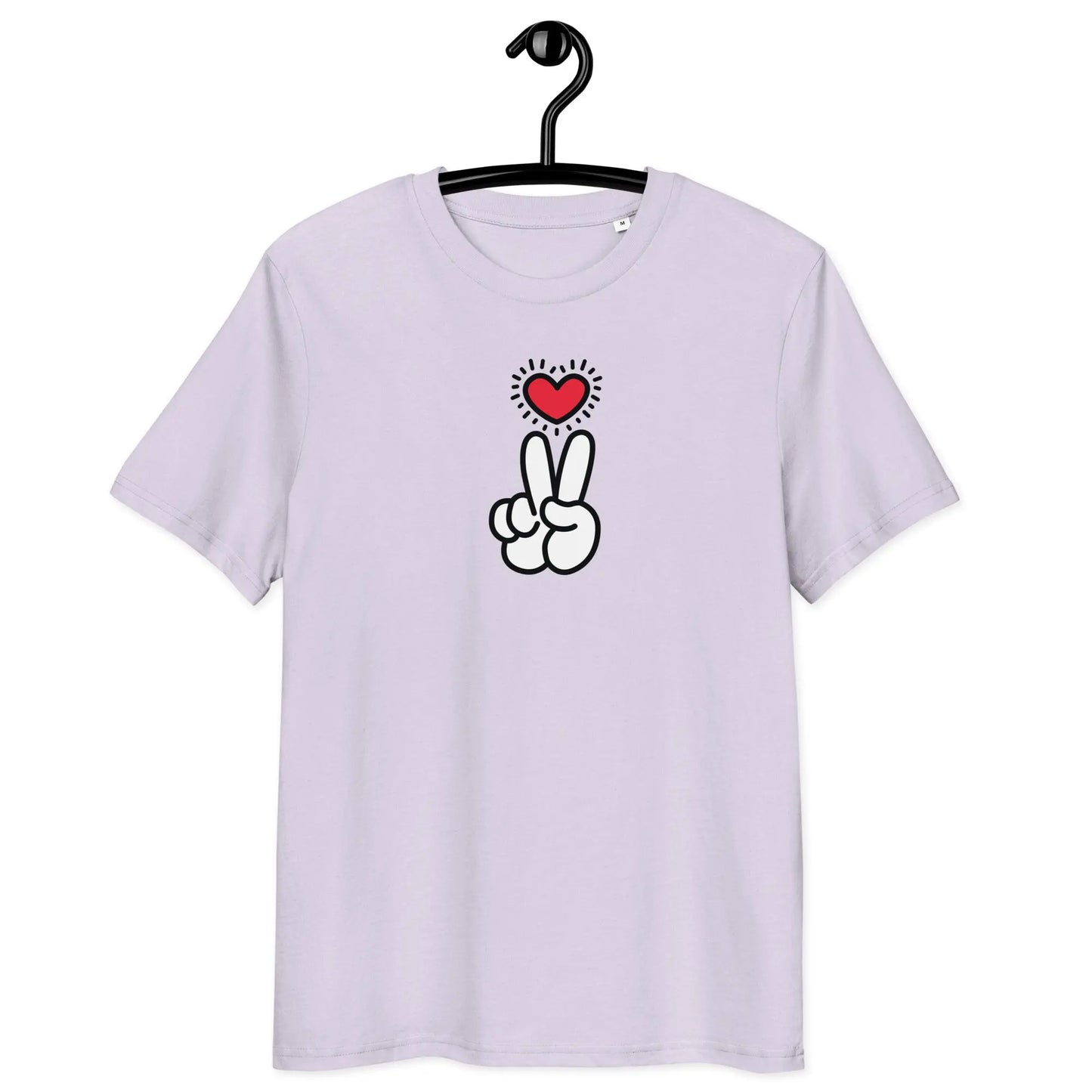 peace t-shirt - heart and hand peace sign - front view - lavender color