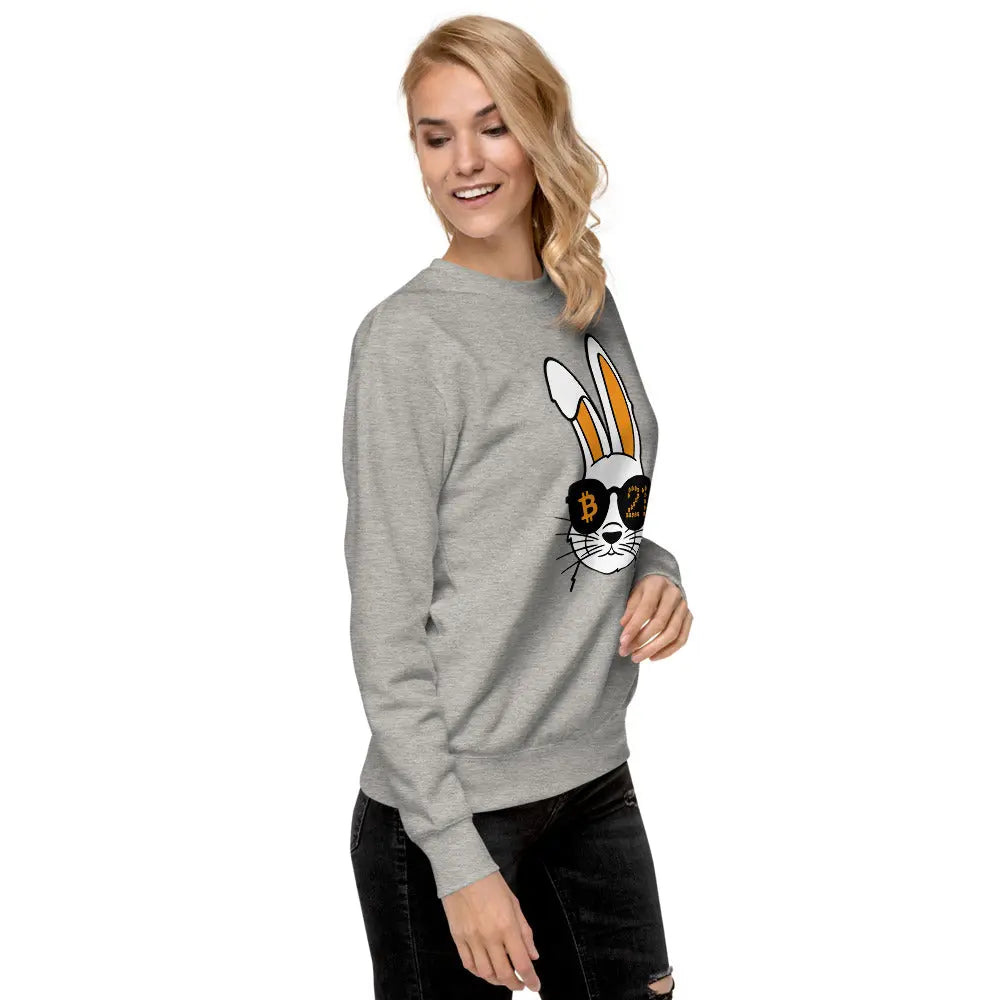 bitcoin sweatshirt - rabbit 21 - worn by female - side view - grey