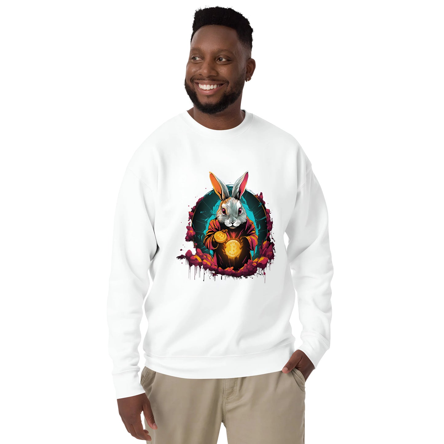 bitcoin sweatshirt - rabbit hole artwork - worn by male - white color