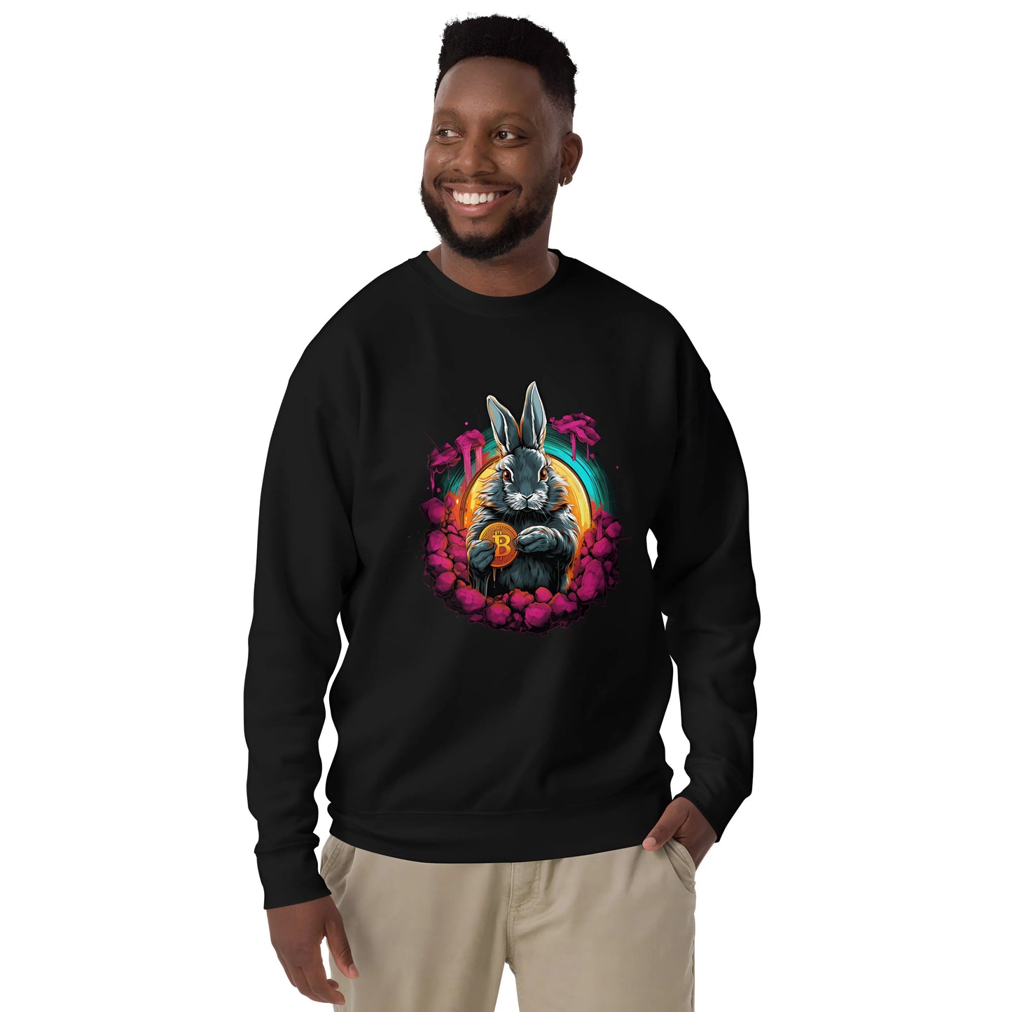 bitcoin sweatshirt - rabbit hole - worn by male - black