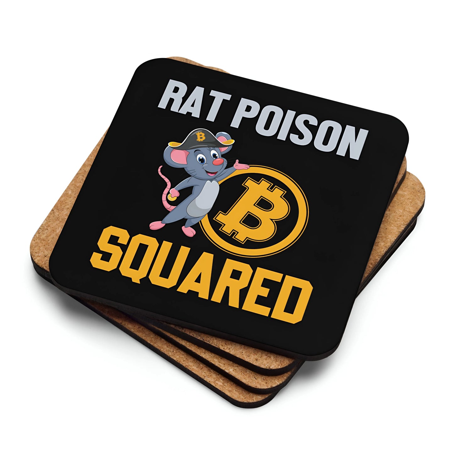 Rat Poison Squared Bitcoin coaster stacked with cork backing