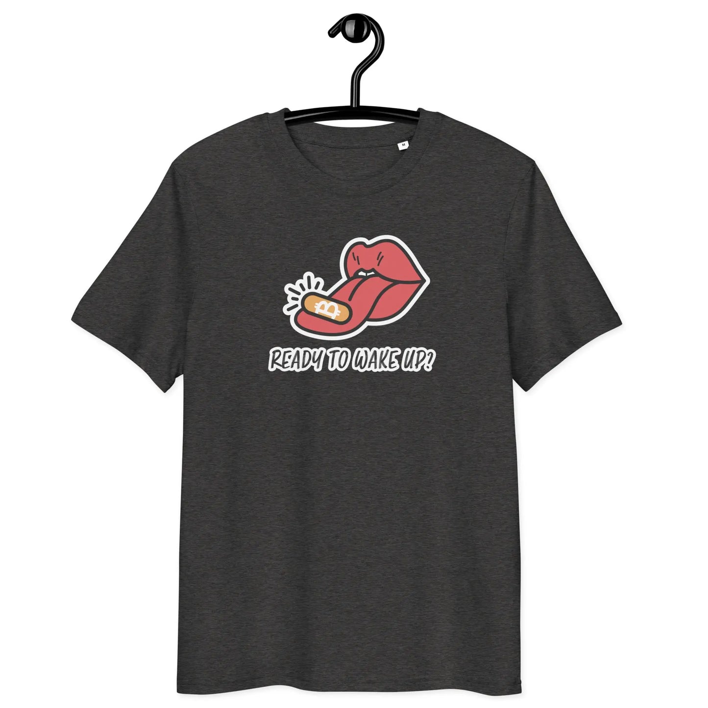 Bitcoin T-Shirt – Ready To Wake Up? -on hanger - grey