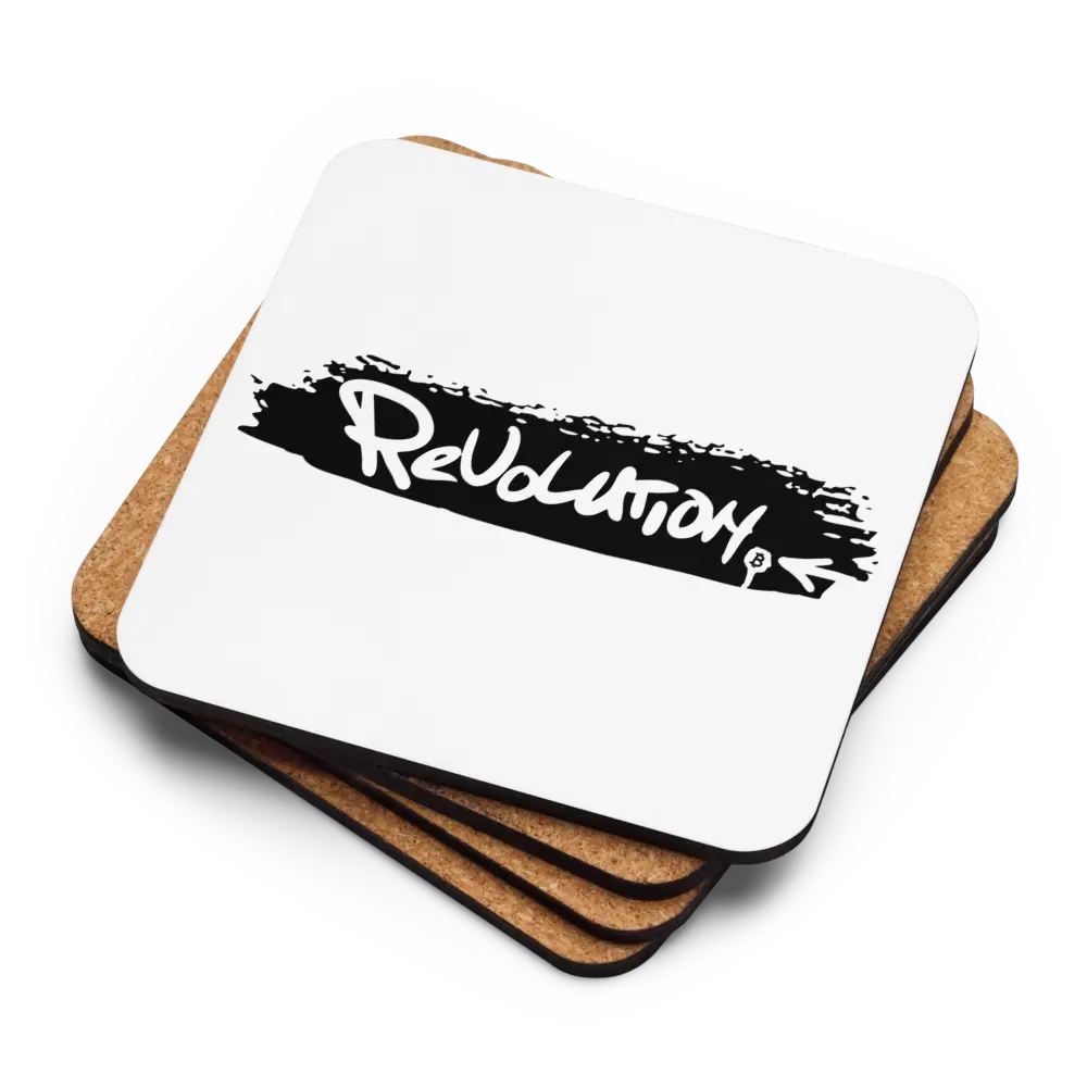 Stack of cork backs and face up Revolution Bitcoin coaster – black by BitPopArt