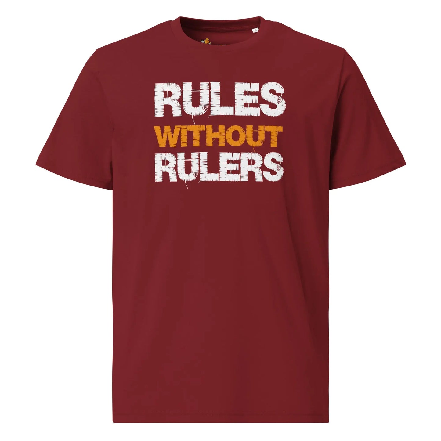 Bitcoin T-Shirt – Rules Without Rulers - front view — burgundy red