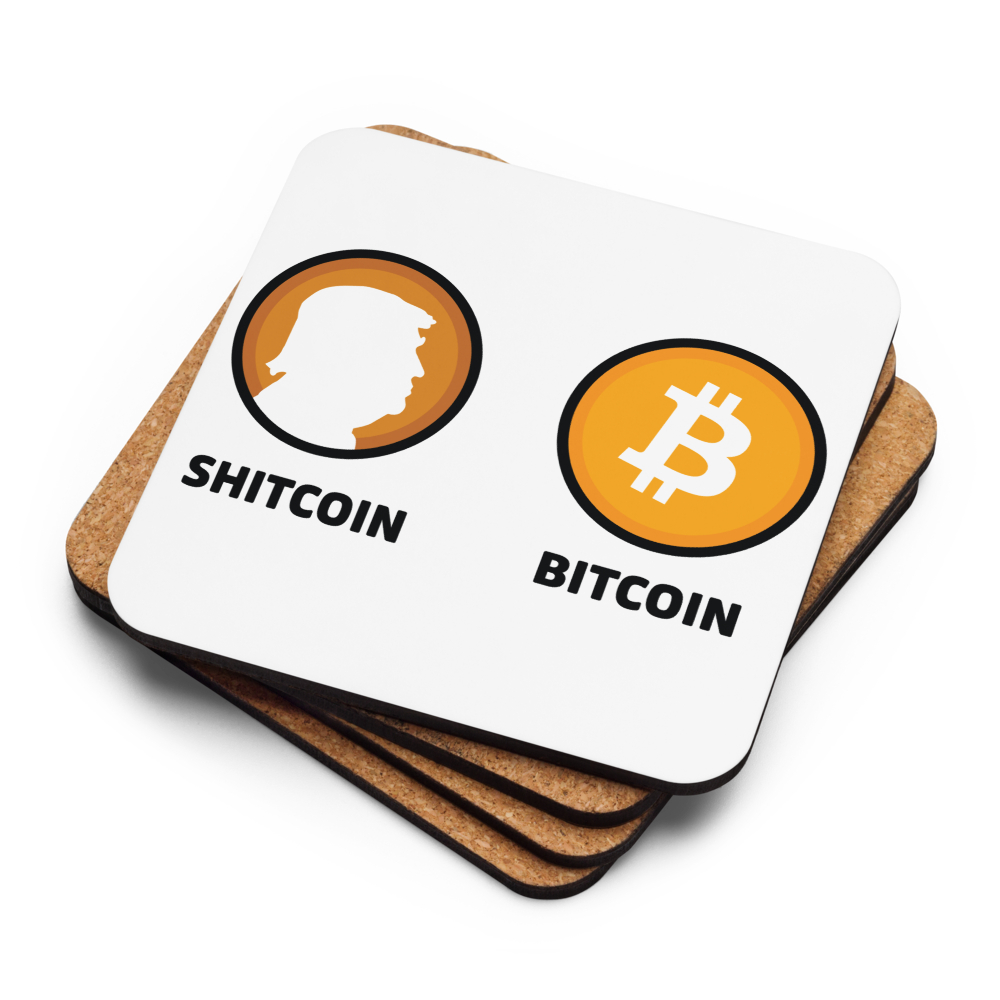 Shitcoin or Bitcoin Bitcoin coaster by BitPopArt – stacked with cork back