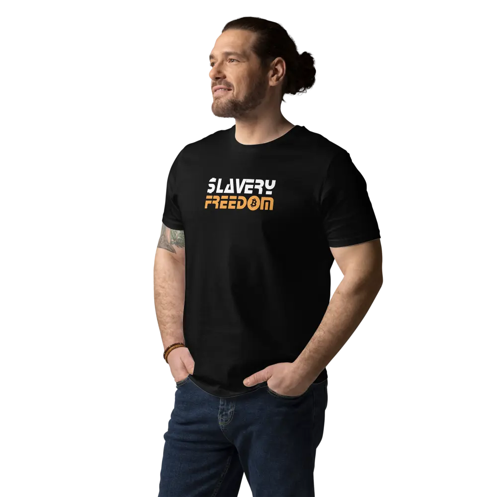 Bitcoin T-Shirt – Slavery Freedom - worn on model - male - black shirt