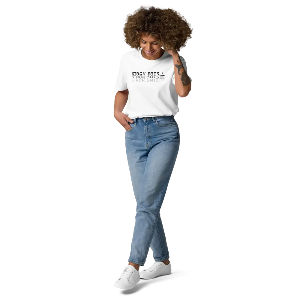 Bitcoin T-Shirt – Stack Sats - worn on standing female model — white