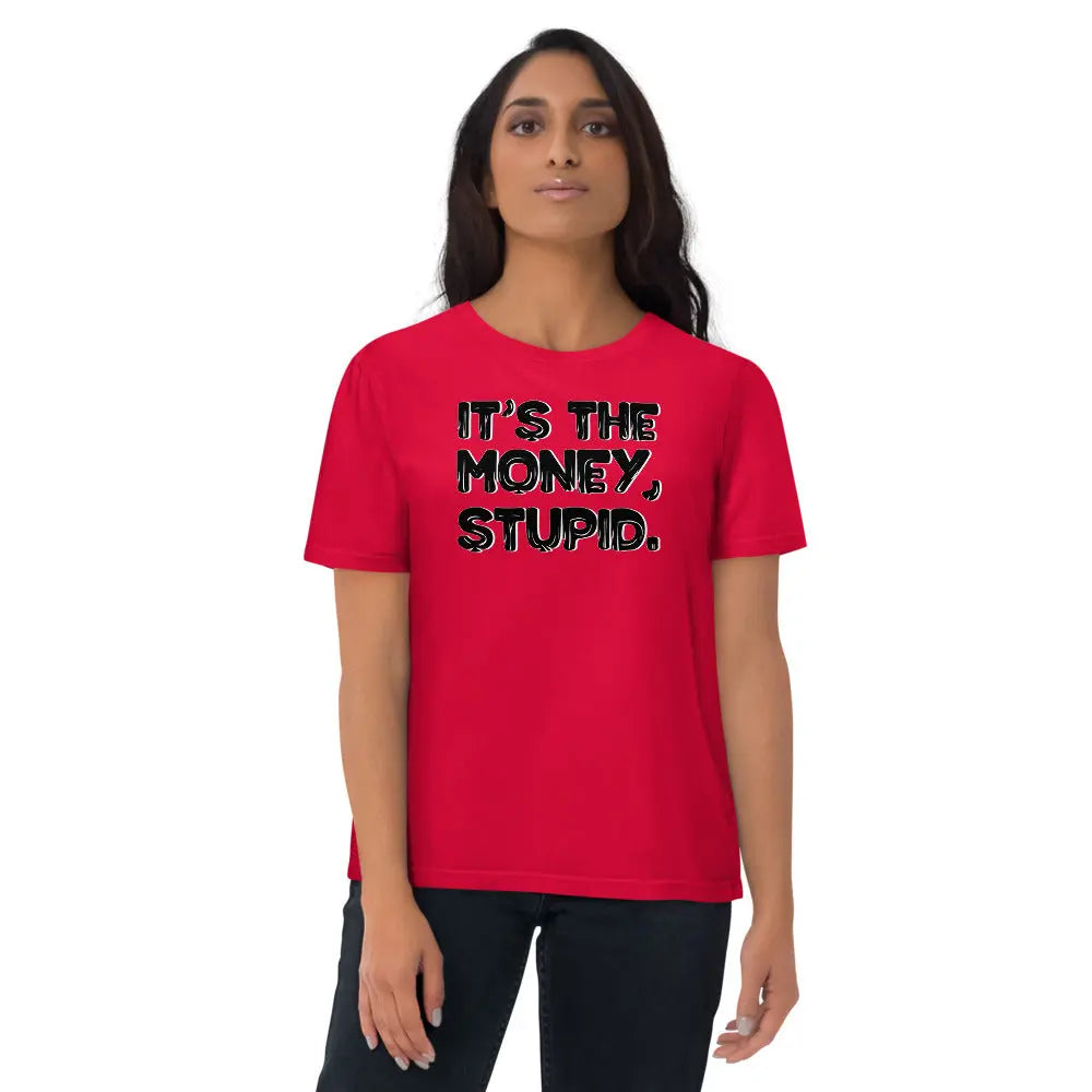 Bitcoin T-Shirt – Stupid - worn on female model — red