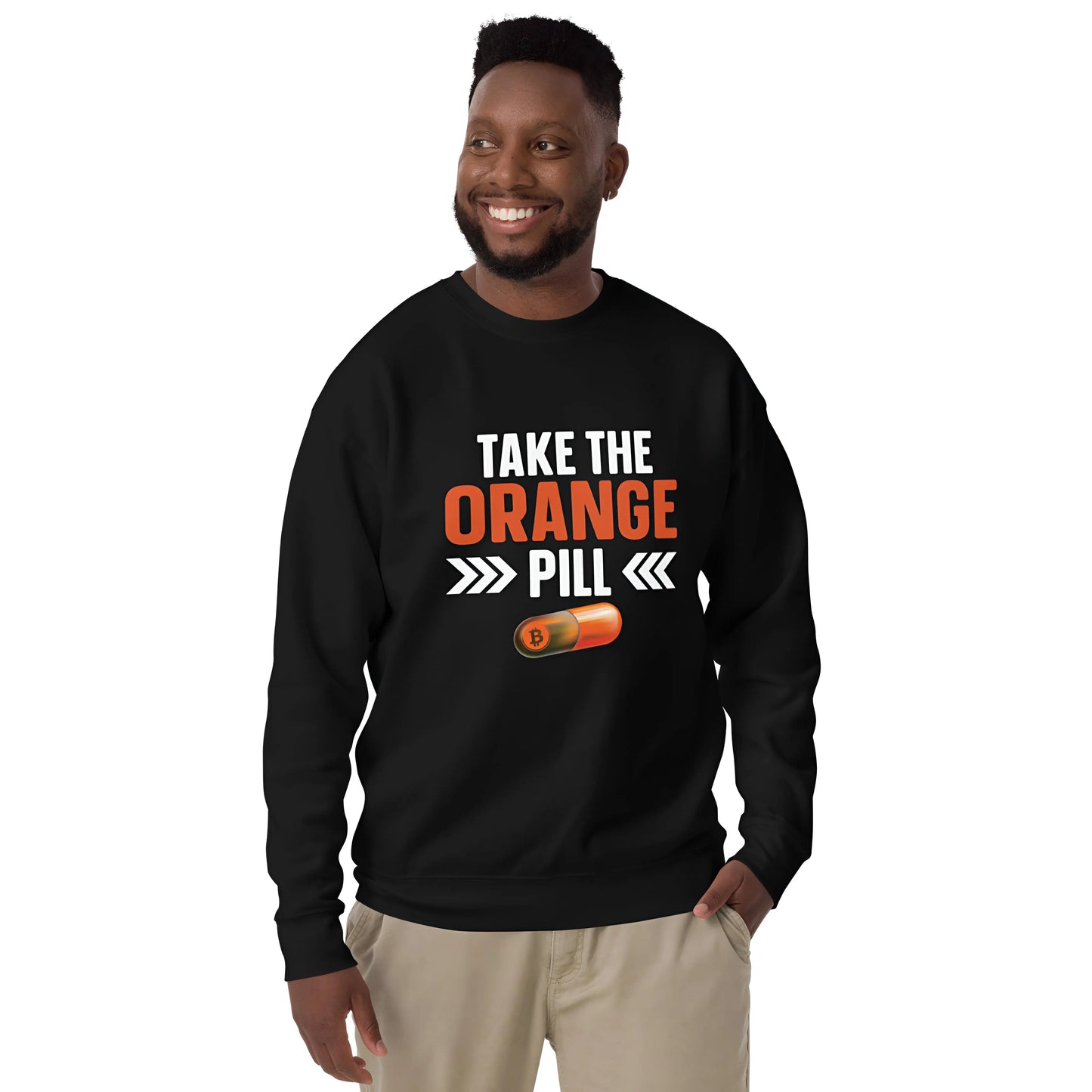 bitcoin sweatshirt - take the orange pill - worn by male - black color