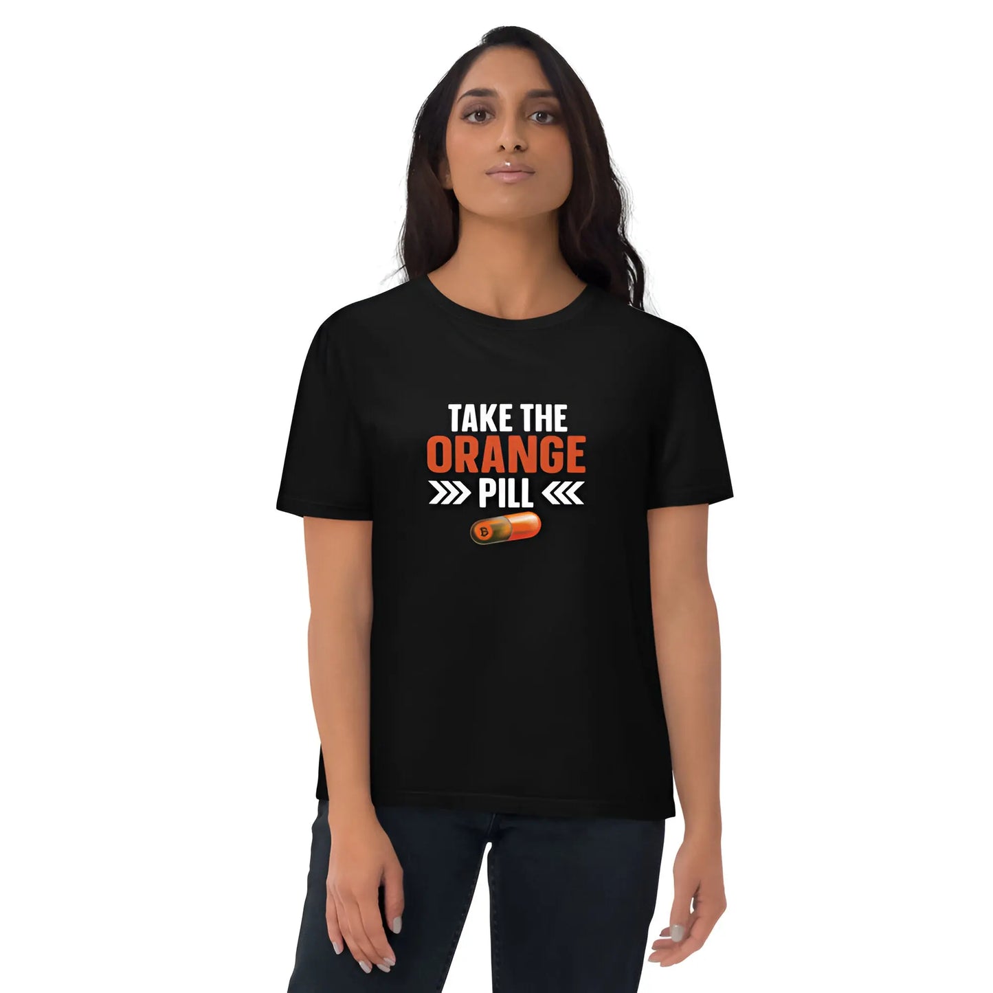 bitcoin t-shirt - take the orange pill - worn on female model - black