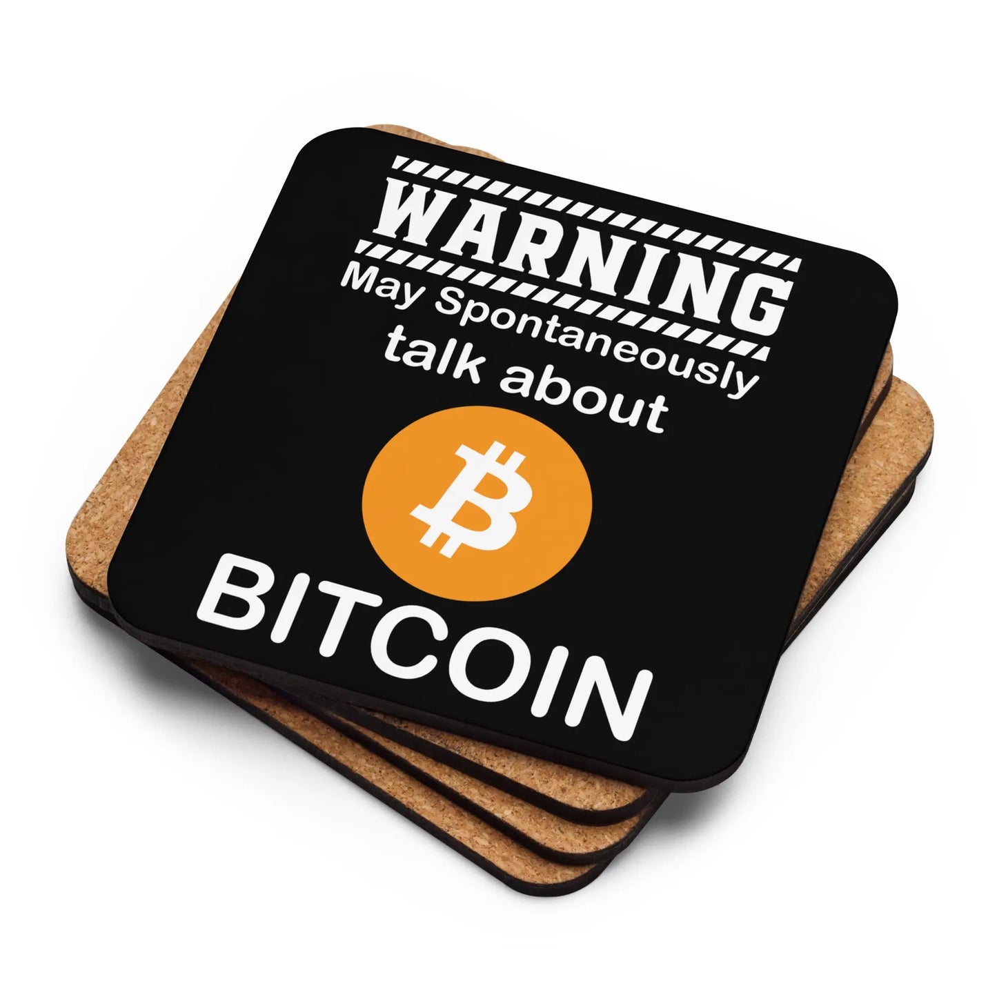 Stack of Talk About Bitcoin coasters showing cork backing