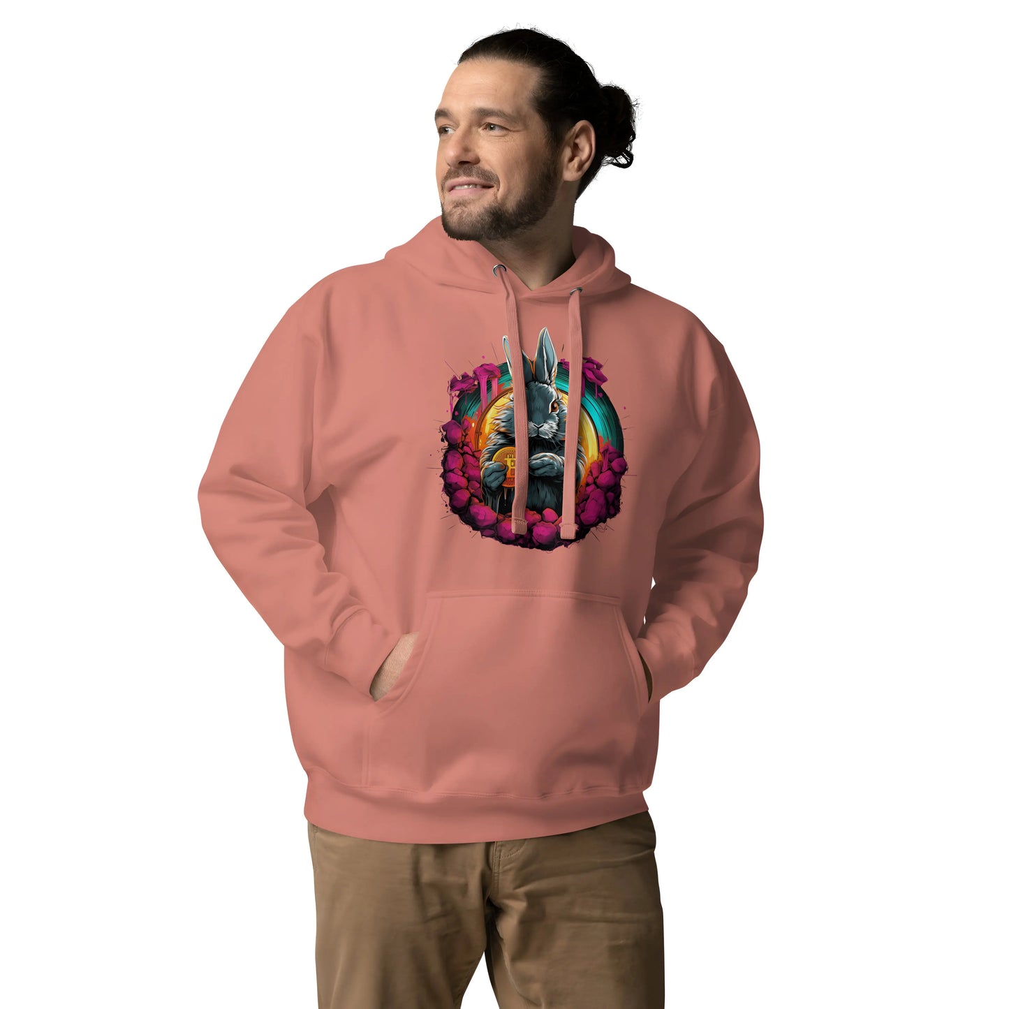 bitcoin hoodie - the bitcoin rabbit hole - worn on male model - rose