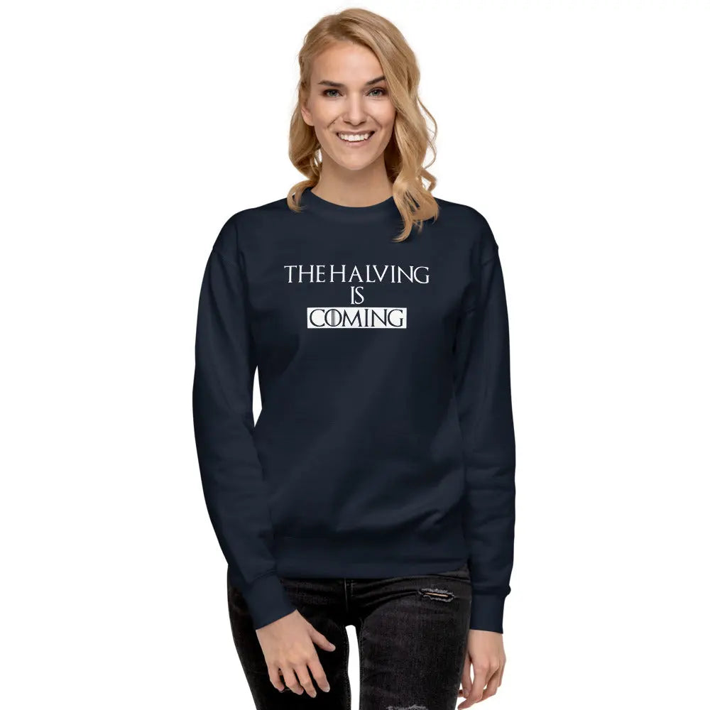 bitcoin sweatshirt - the halving is coming - worn by female - navy blue