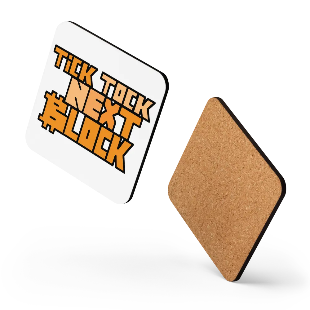 Tick Tock Next Block Bitcoin coasters by BitPopArt displayed in a floating layout