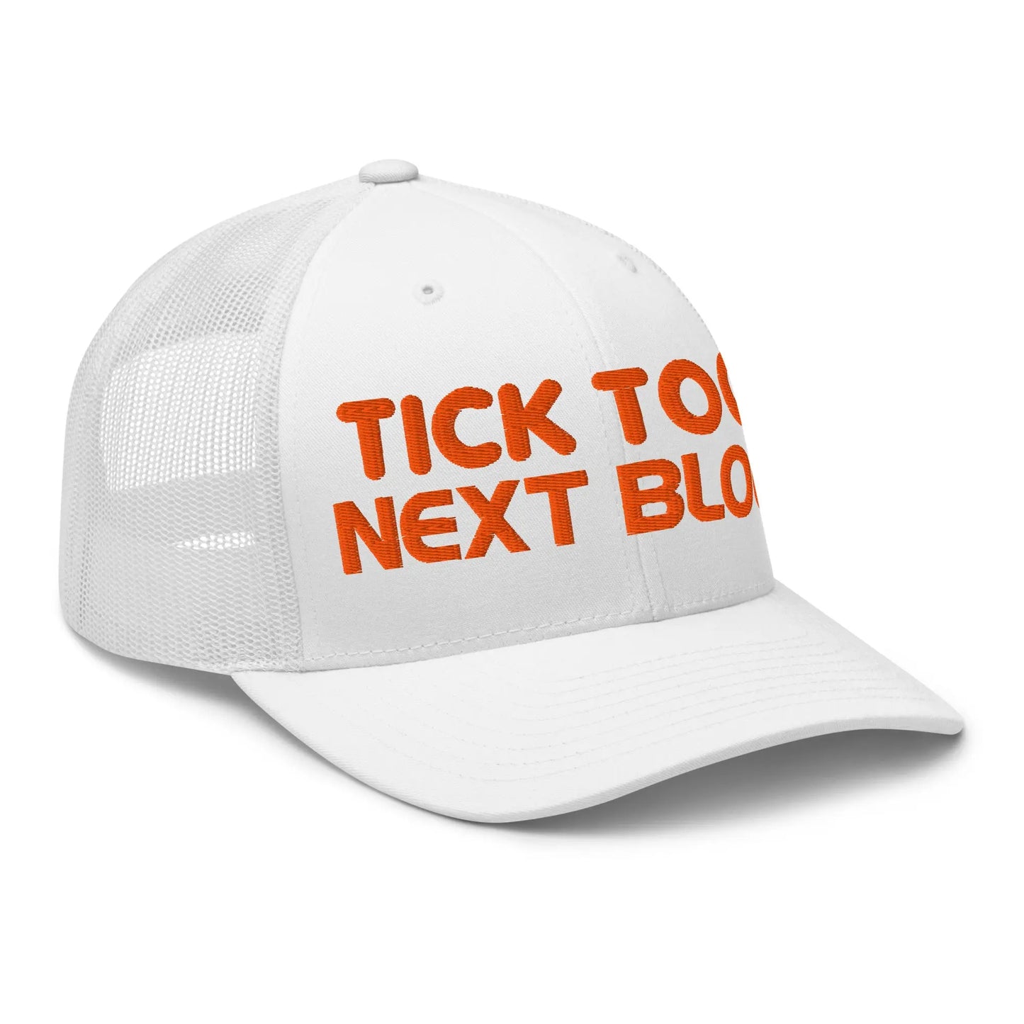 bitcoin trucker hat - tick tock next block - angled front view - white