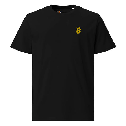 Gold Angled Bitcoin Embroidered - Premium Unisex Organic Cotton Bitcoin T-shirt Black Color