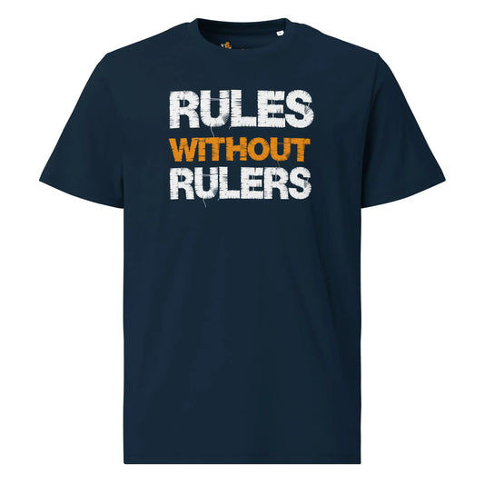 Rules Without Rulers - Premium Unisex Organic Cotton Bitcoin T-shirt Navy Blue Color