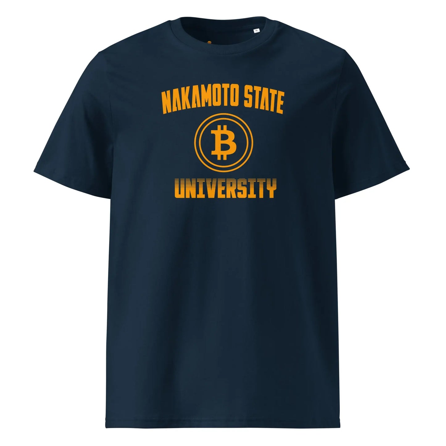 Nakamoto State University - Premium Unisex Organic Cotton Bitcoin T-shirt Store of ValueNakamoto State University - Premium Unisex Organic Cotton Bitcoin T-shirt Black Color French Blue Color