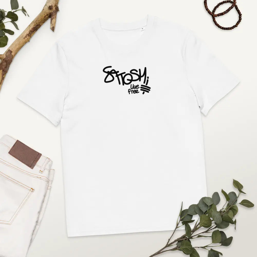 Satoshi Live Free - T-shirt - By BitPopArt - Premium Organic Cotton - Unisex - White Store of Value