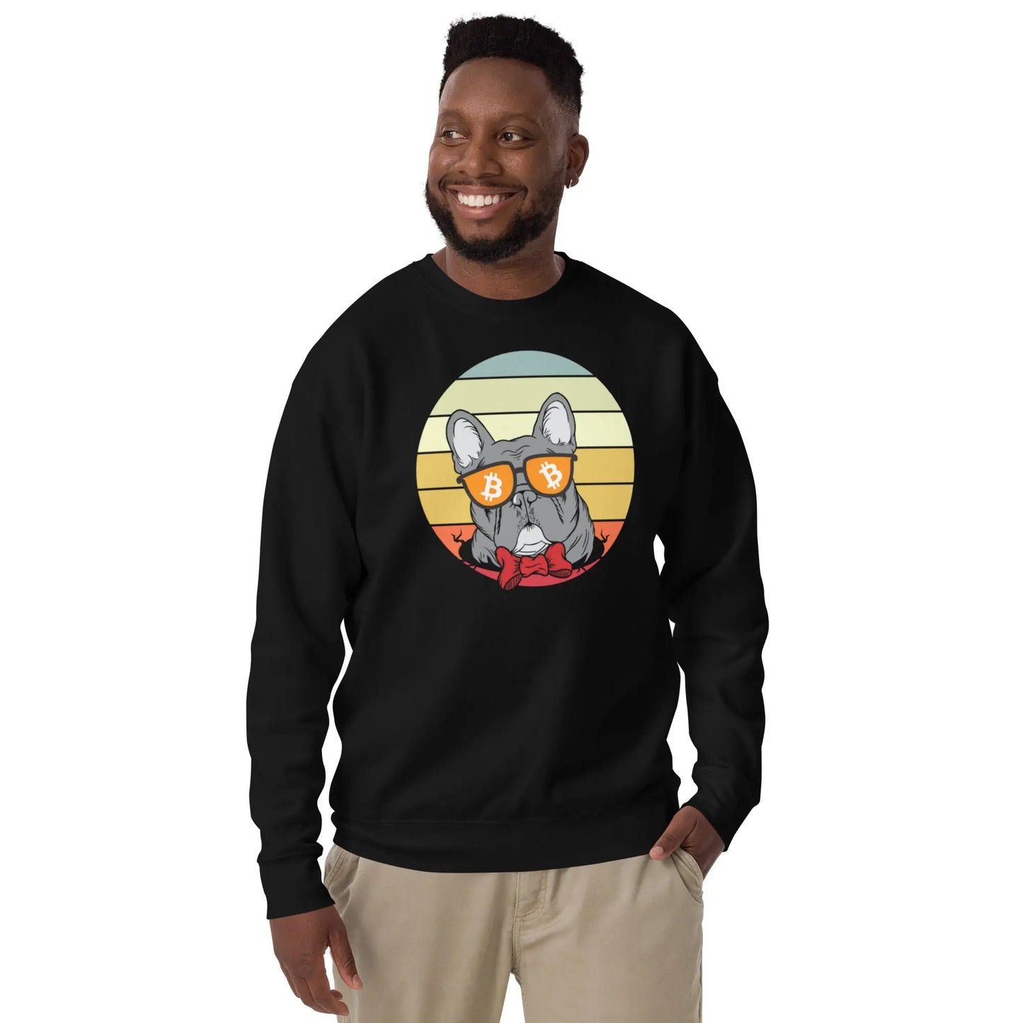 bitcoin sweatshirt - vintage dog lovers - worn by male - black color