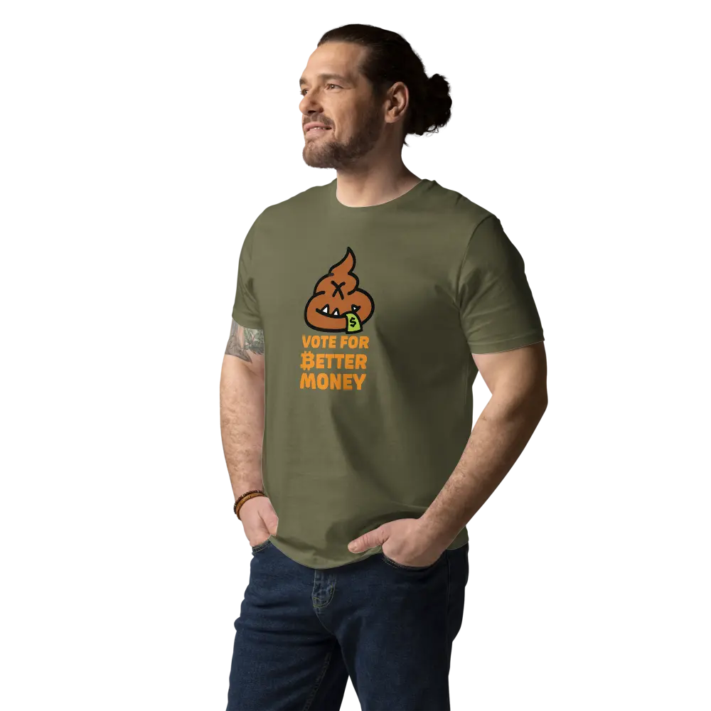 Bitcoin T-Shirt – Vote For Better Money (USD Edition) - worn on model - front - khaki green