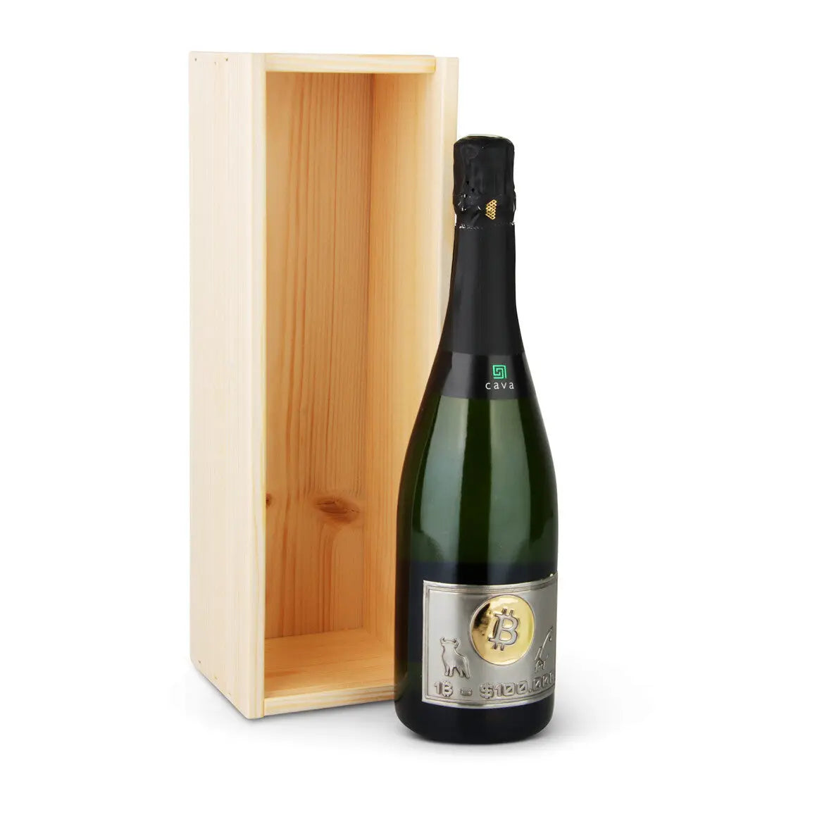 Bitcoin-themed wine, cava, and beer bottles designed for celebration and gifting