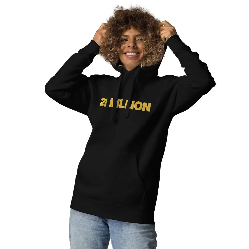 bitcoin hoodie - 21 million - worn by female model