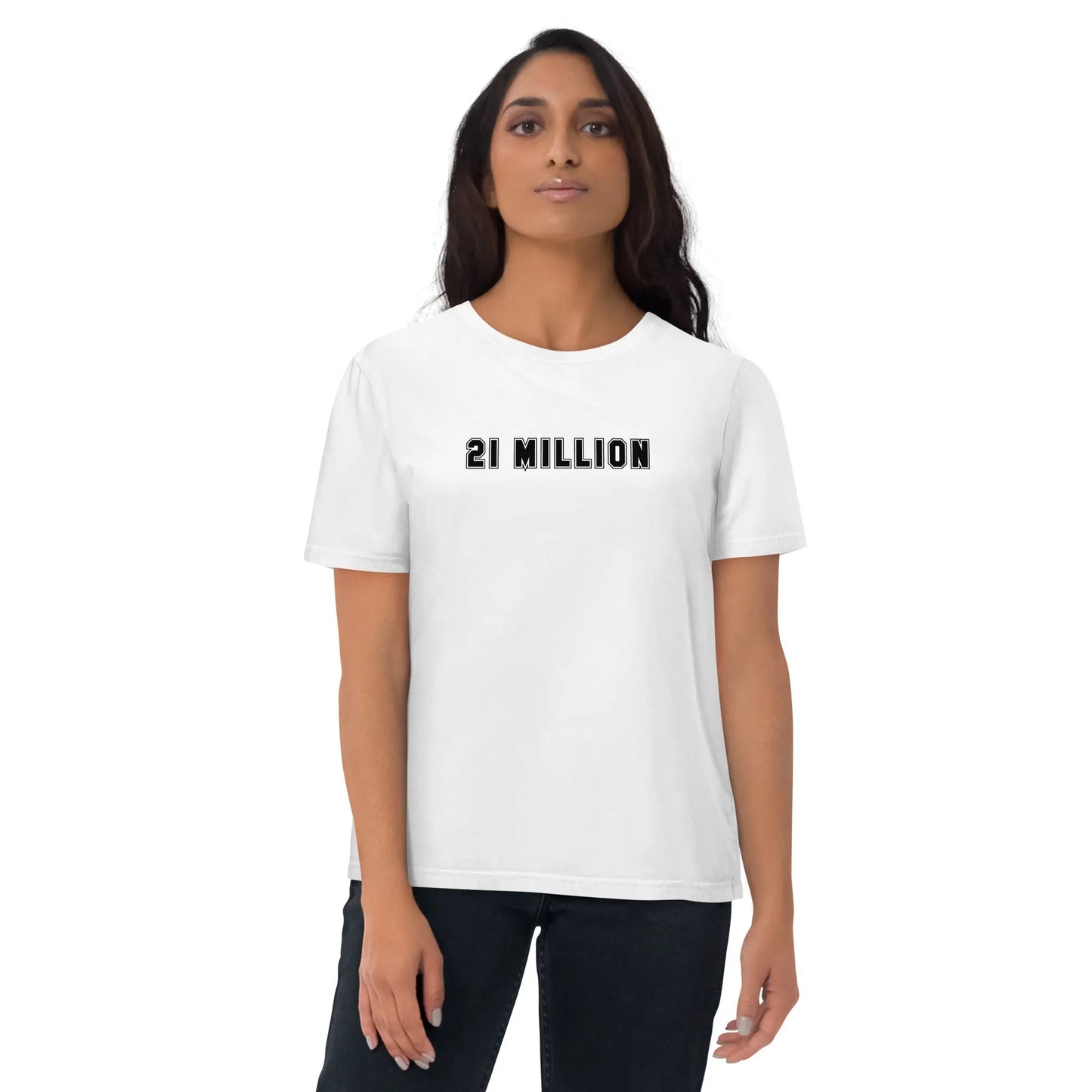 bitcoin t-shirt 21 million on female model white