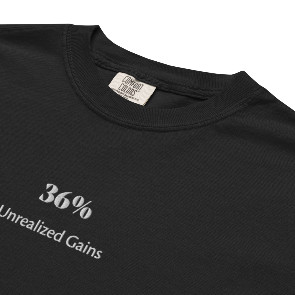 bitcoin t-shirt - 36 percent unrealized gains - embroidery close-up
