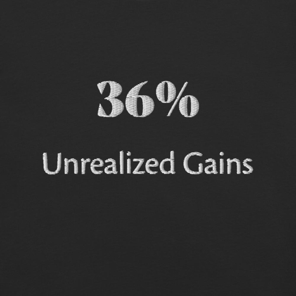 bitcoin t-shirt - 36 percent unrealized gains - embroidery close-up