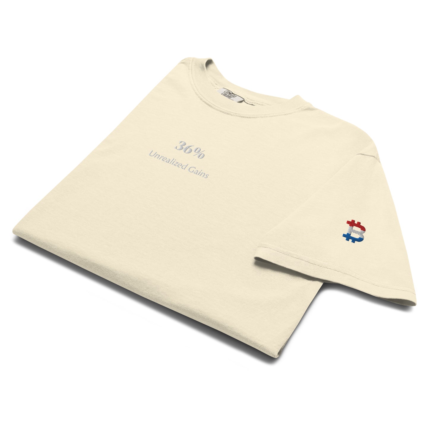 bitcoin t-shirt - 36 percent unrealized gains - folded view - ivory