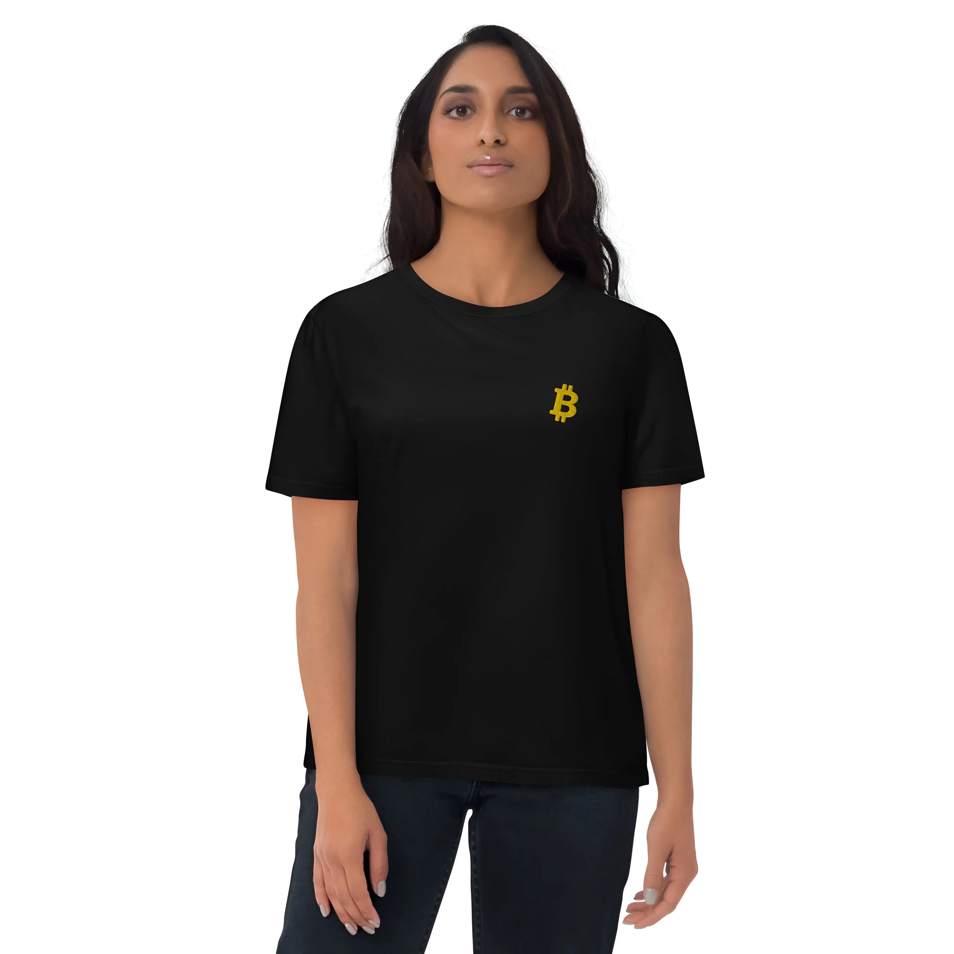 Gold Angled Embroidered Bitcoin T-shirt - worn on female model - black