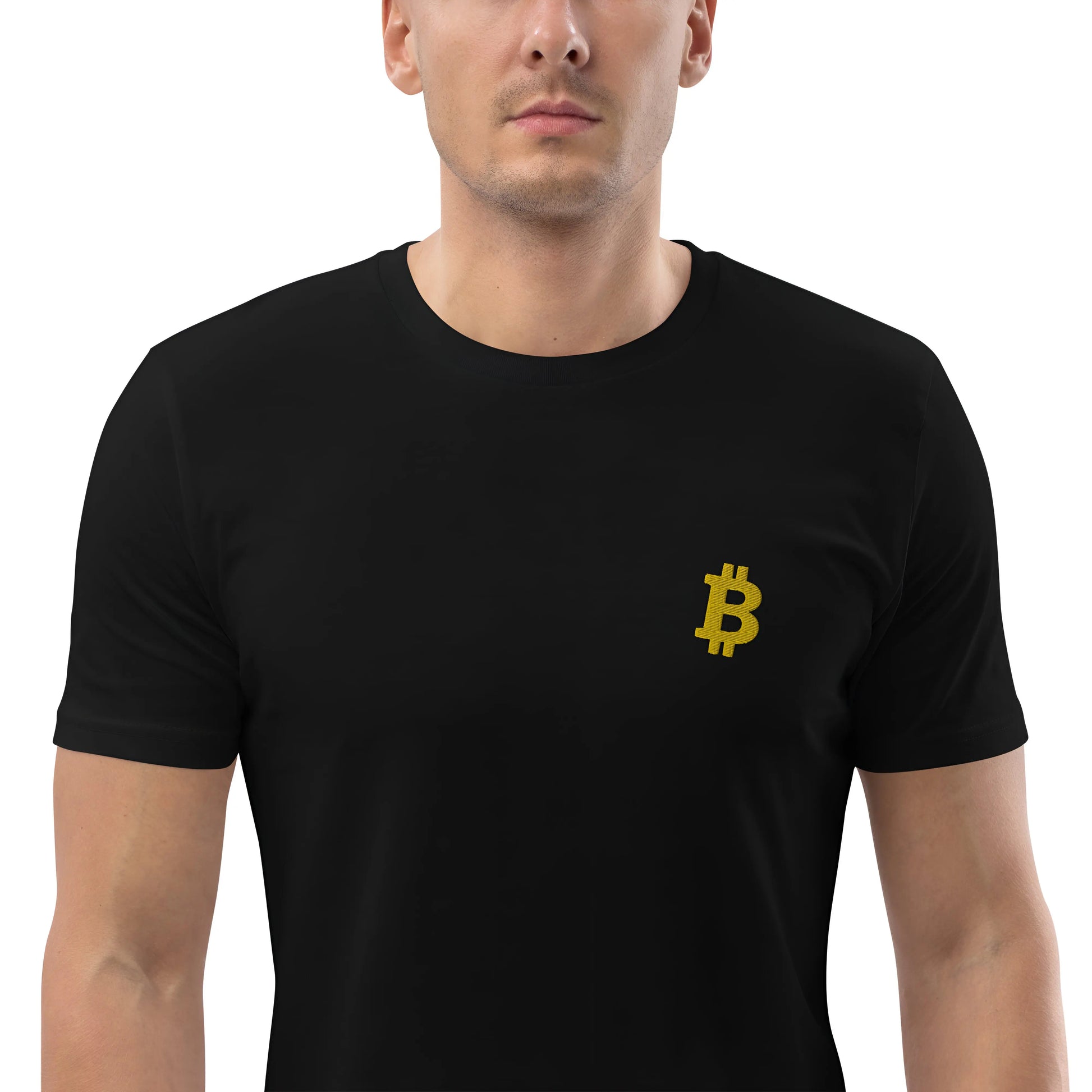 Gold Angled Embroidered Bitcoin T-shirt - worn on female model - black