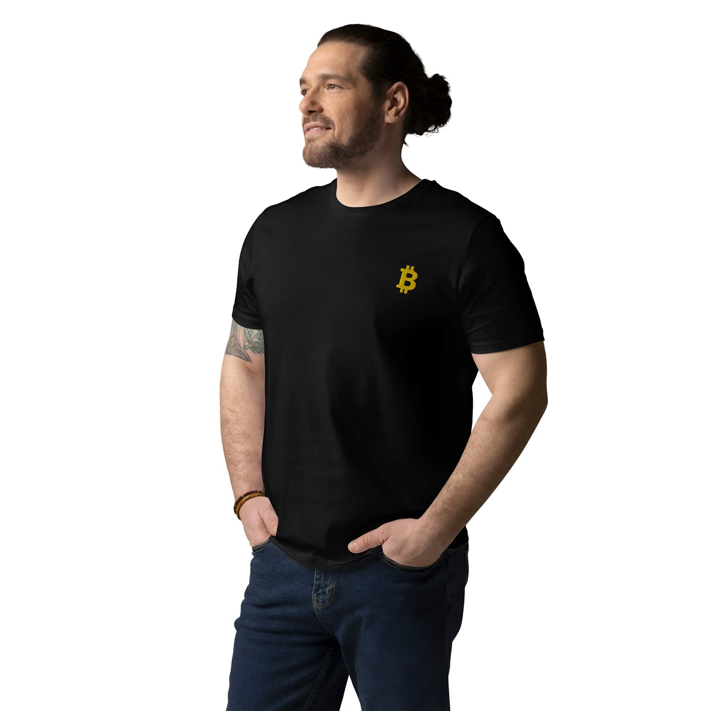Gold Angled Embroidered Bitcoin T-shirt - worn on female model - black