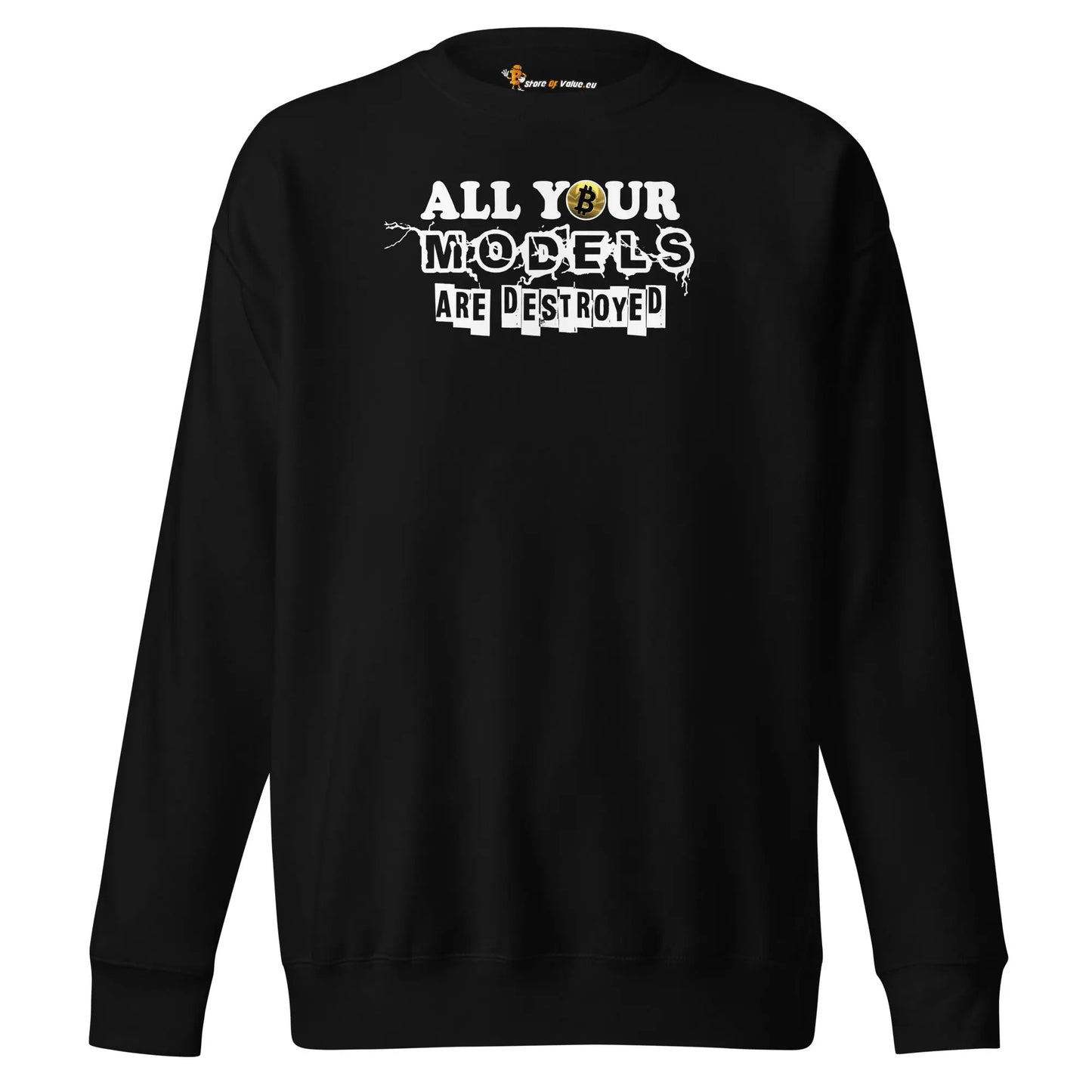 bitcoin sweatshirt - all your models are destroyed - front view - black
