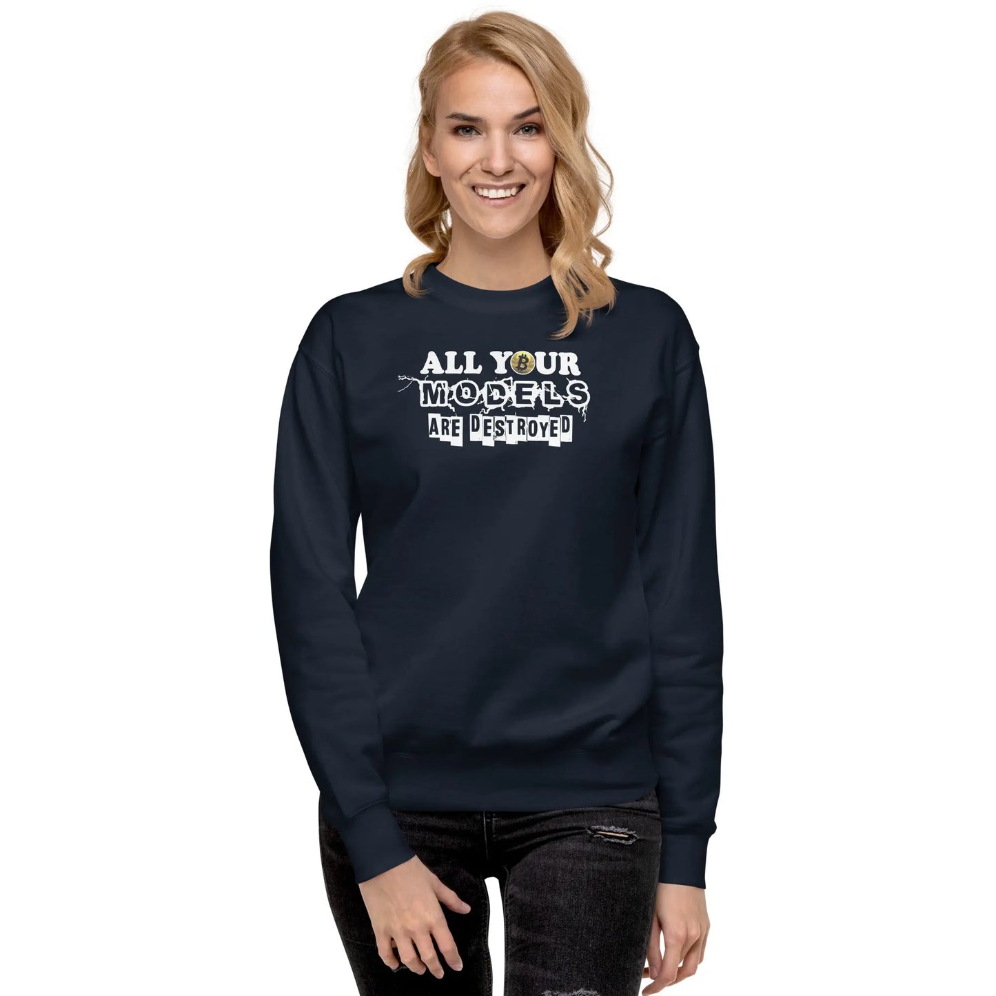 bitcoin sweatshirt - all your models are destroyed - worn by female - blue