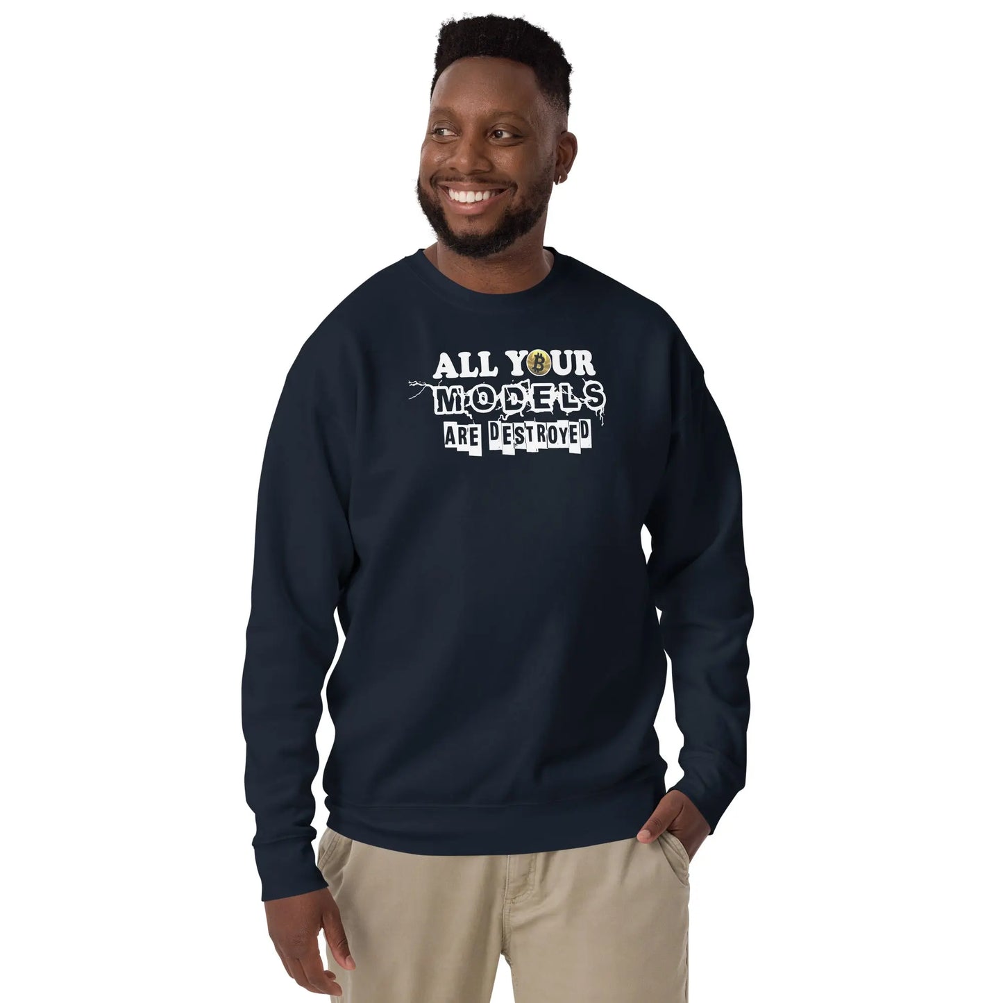 bitcoin sweatshirt - all your models are destroyed - worn by male model - navy blue color