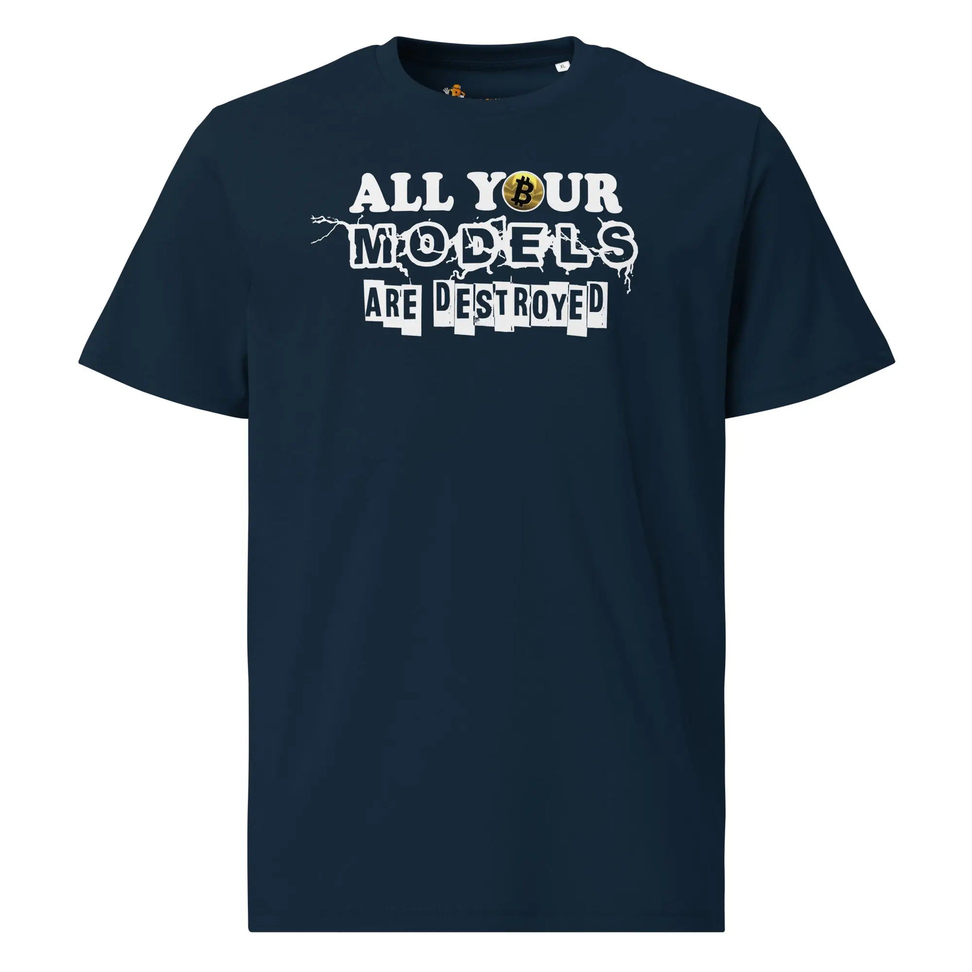 bitcoin t-shirt all your models are destroyed front view navy blue