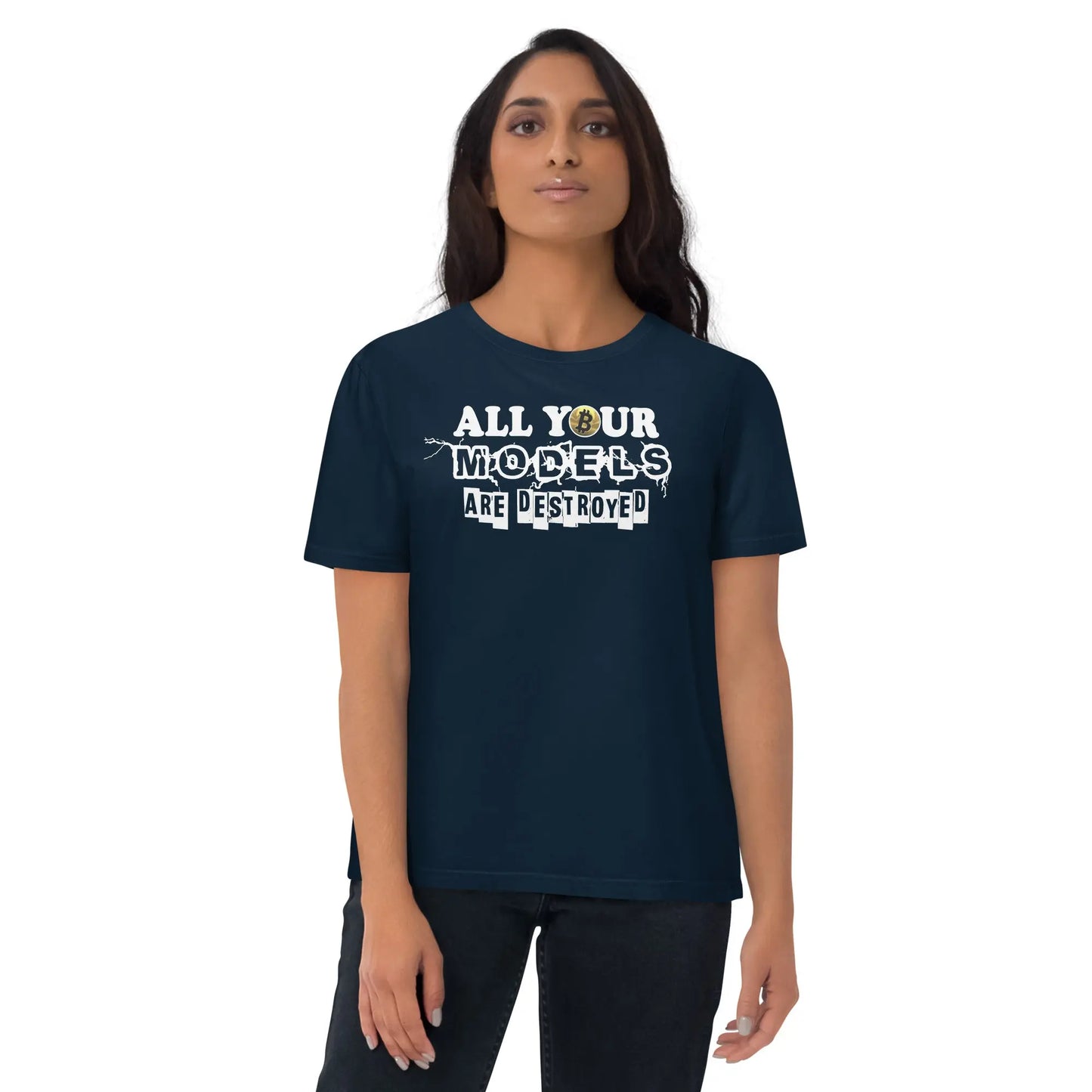 bitcoin t-shirt all your models are destroyed - worn on female - blue