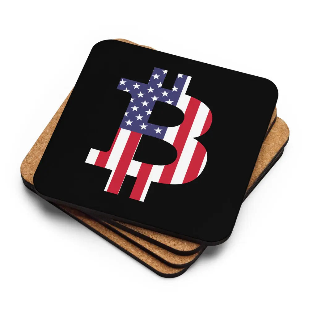 Stack of American Bitcoin Flag coasters showing cork backing