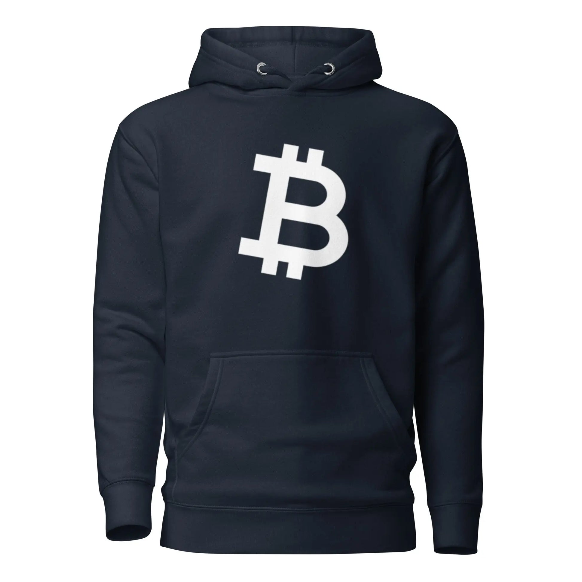 bitcoin hoodie - angled b - front view - navy blue