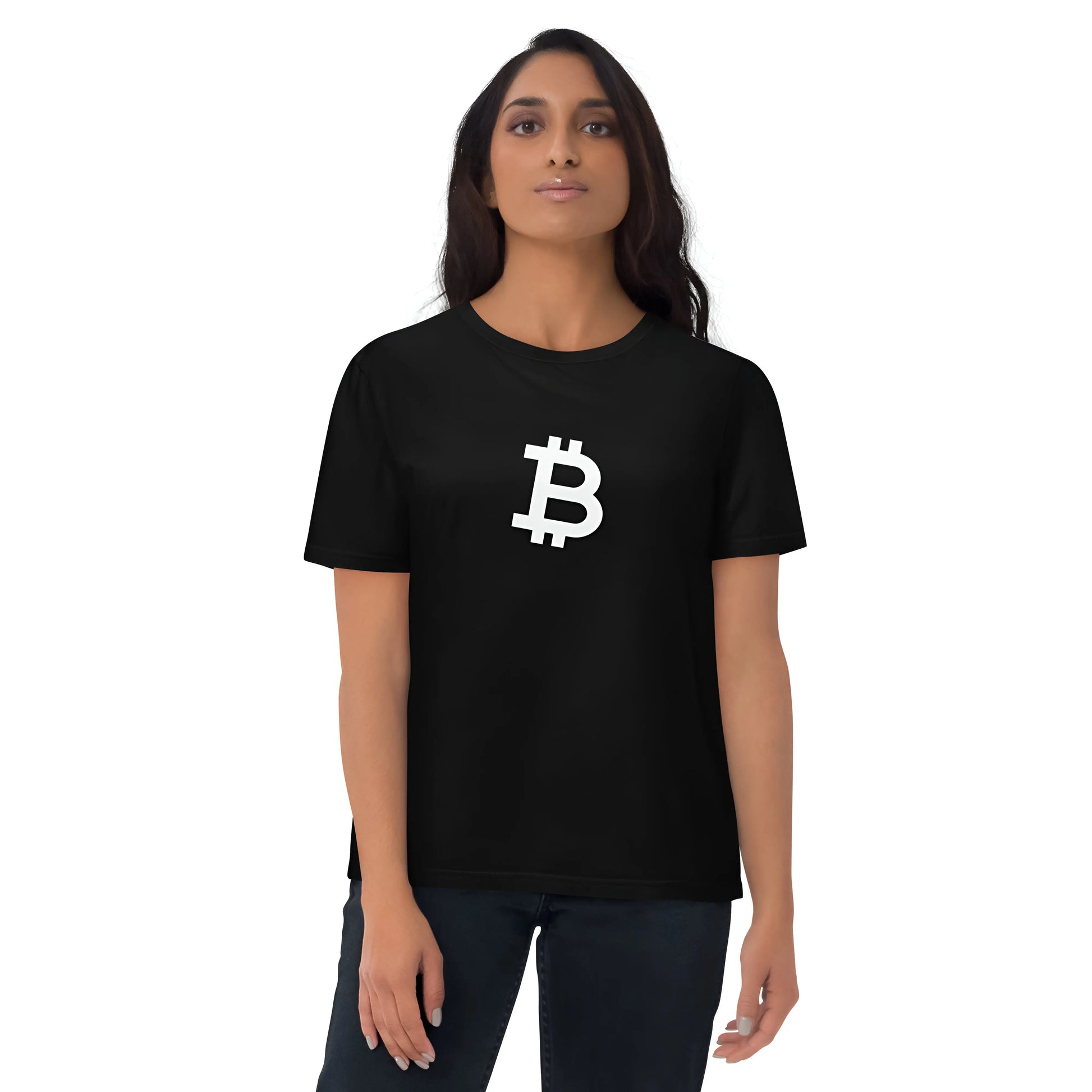 bitcoin t-shirt - angled b - front view - worn on female model - black