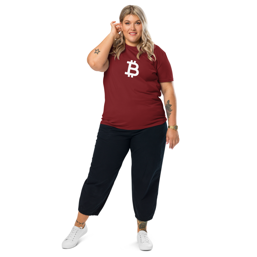 bitcoin t-shirt - angled b - front view - worn on female model - red