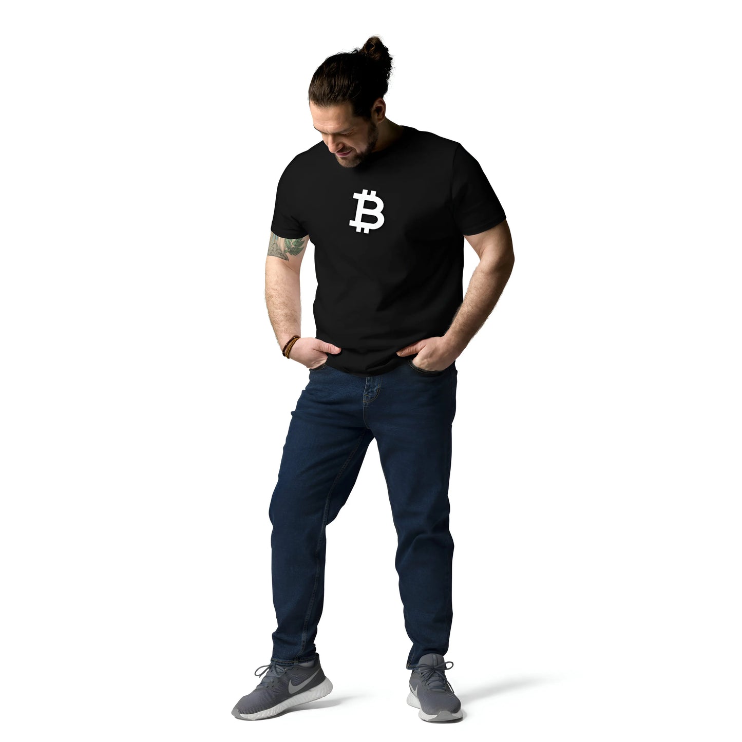 bitcoin t-shirt - angled b - worn on model - black