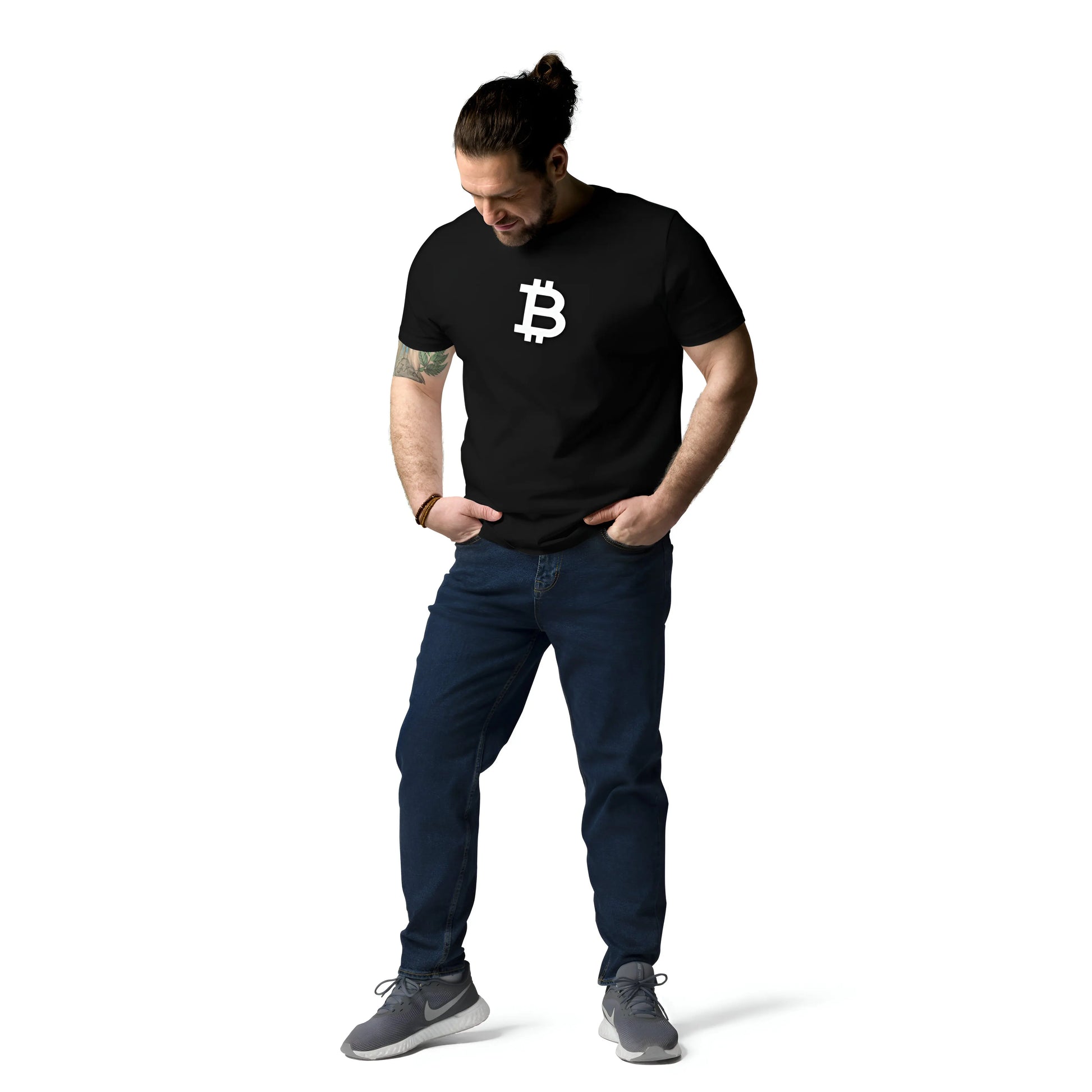 bitcoin t-shirt - angled b - worn on model - black