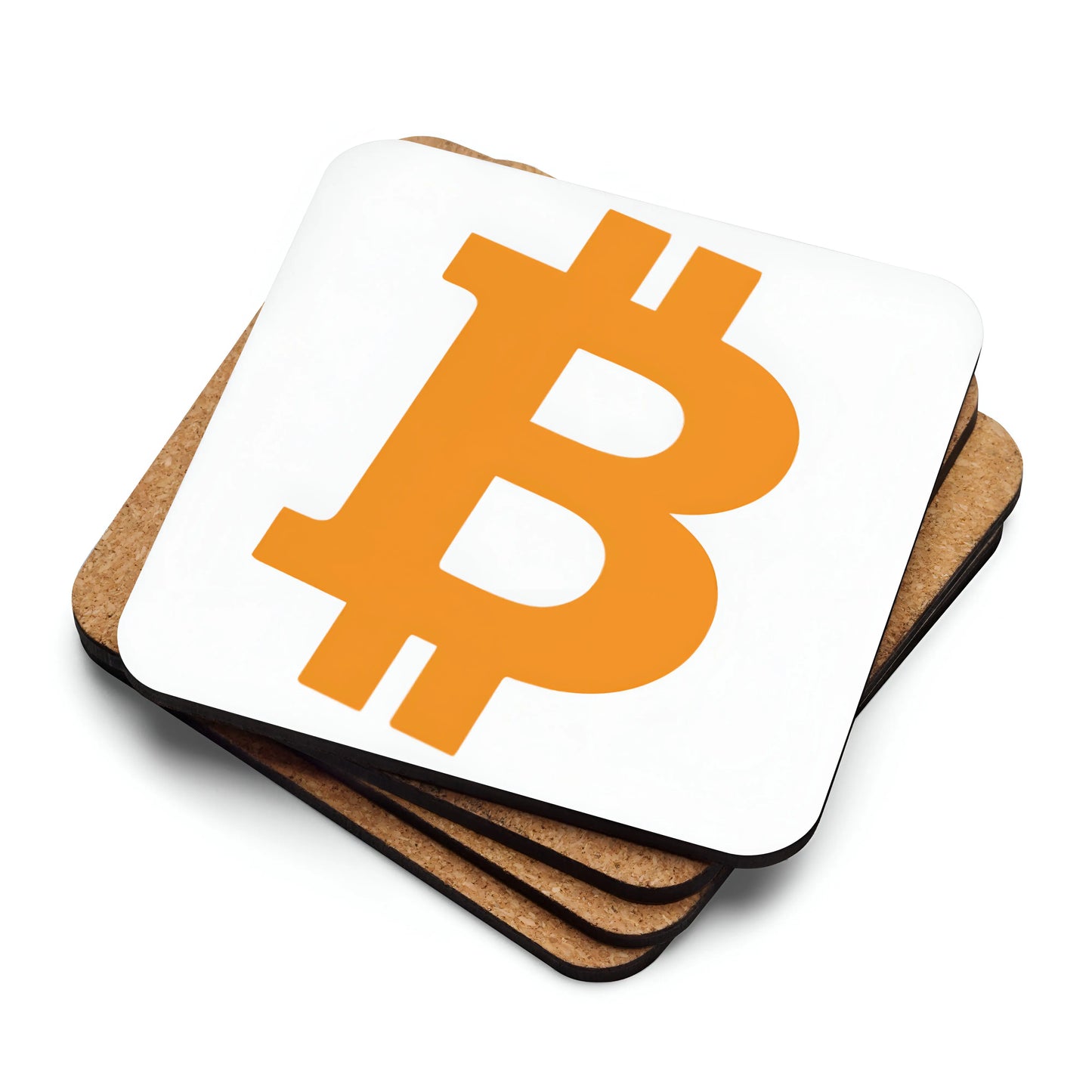 Angled Bitcoin Bitcoin coaster stacked with cork backing