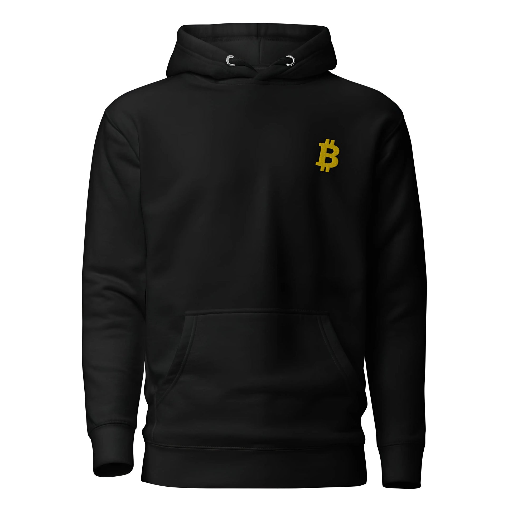 bitcoin hoodie - angled bitcoin embroidered - front view - black