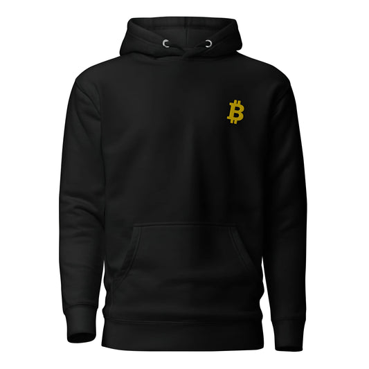 bitcoin hoodie - angled bitcoin embroidered - front view - black